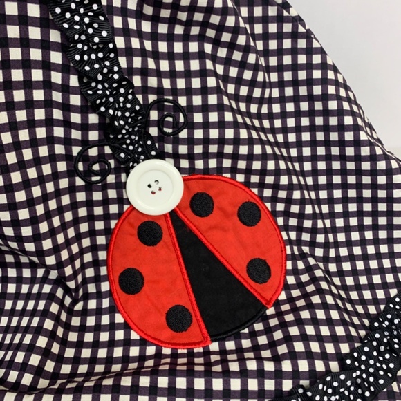 Bonnie Baby girls dress smocked neck ruffles red ladybug  black & white gingham - Picture 3 of 9